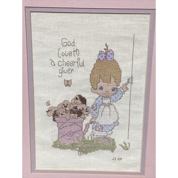 VTG Framed Needlepoint Cross Stitch Precious Moments Christian Signed Dated Set - Picture 3 of 7